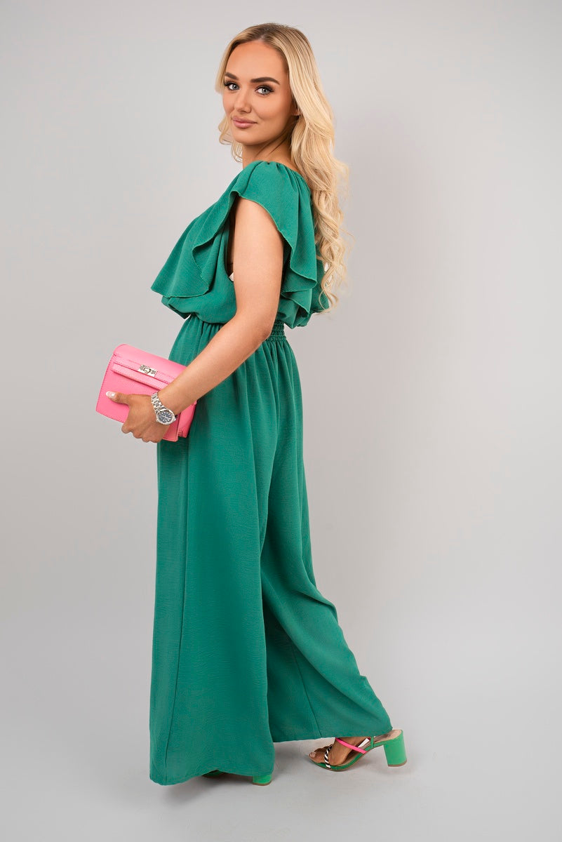 Off Shoulder Flared Wide Leg Jumpsuit with Ruffle Detail