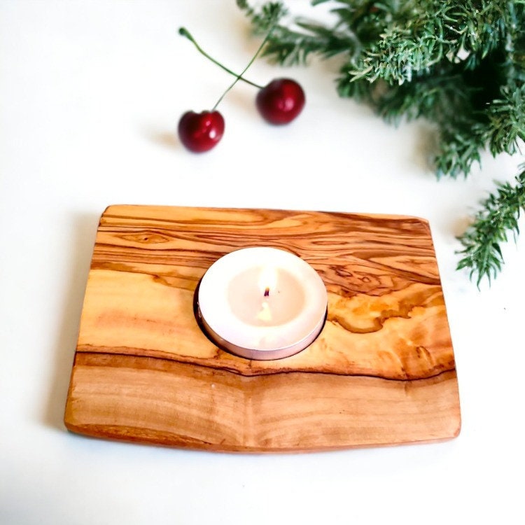 Olive Wood Flat Wooden Tealight Candle Holder