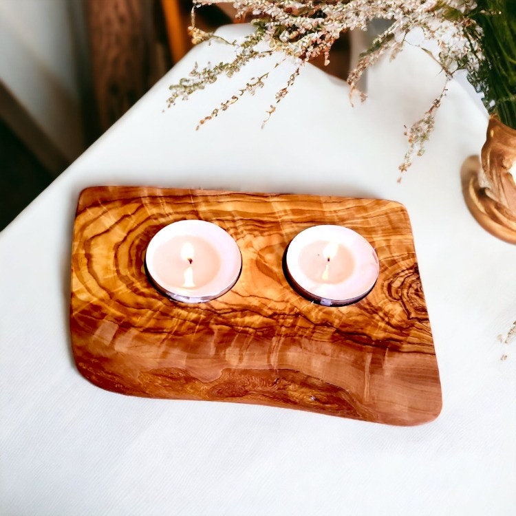 Olive Wood Flat Wooden Tealight Candle Holder