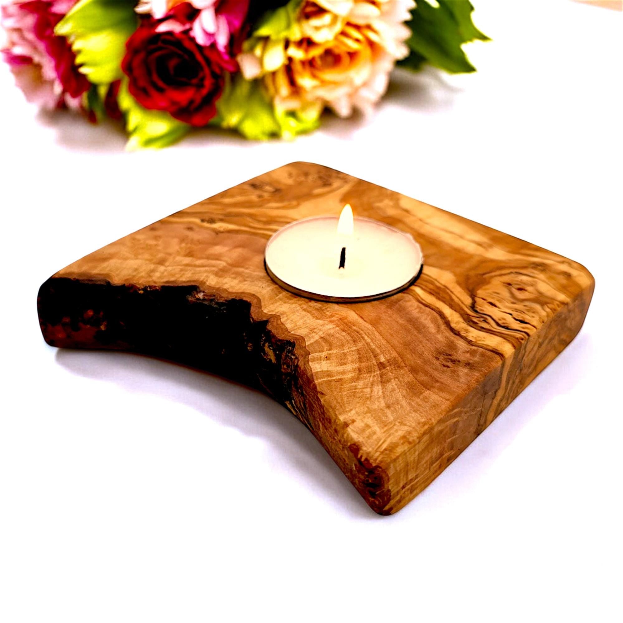 Olive Wood Flat Wooden Tealight Candle Holder
