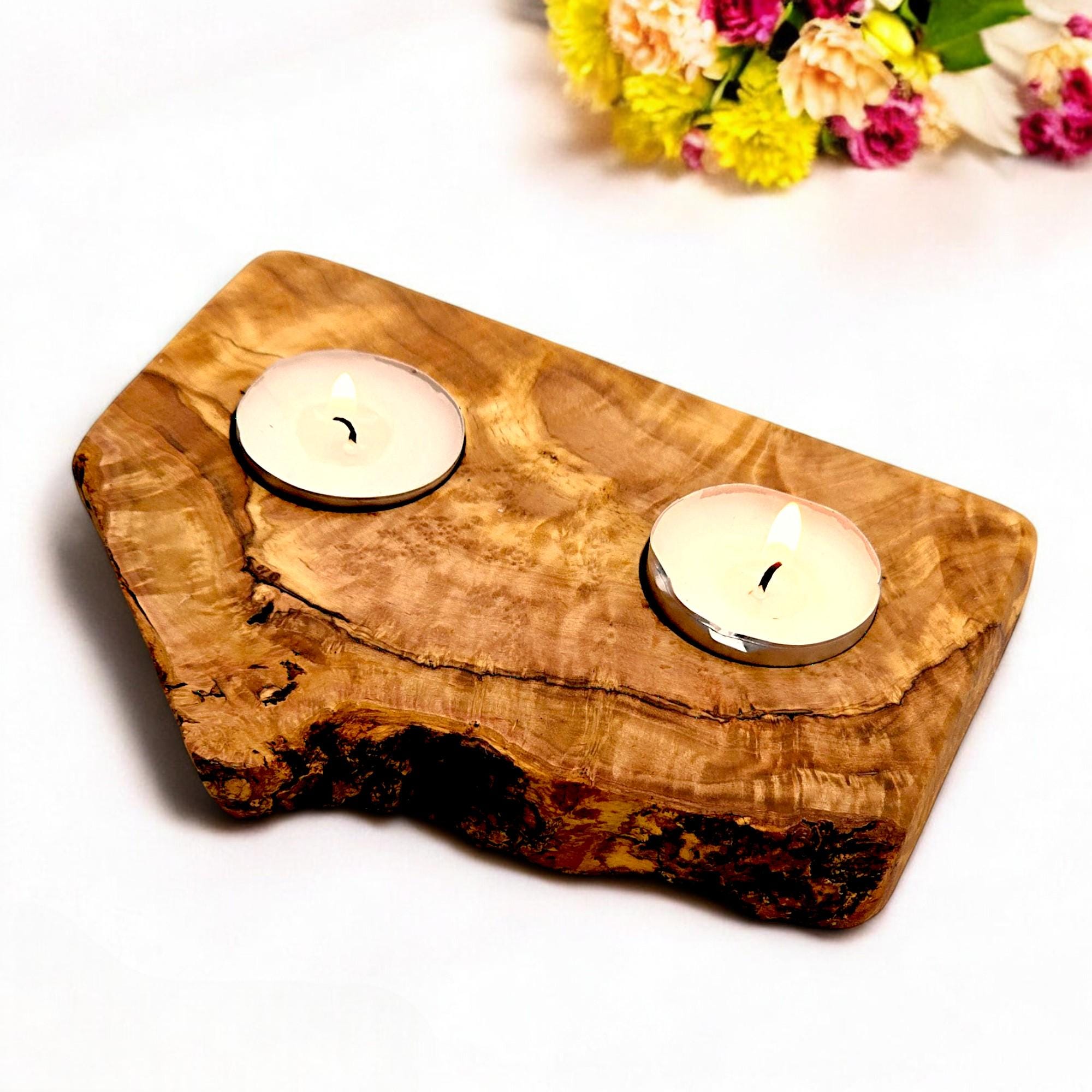 Olive Wood Flat Wooden Tealight Candle Holder