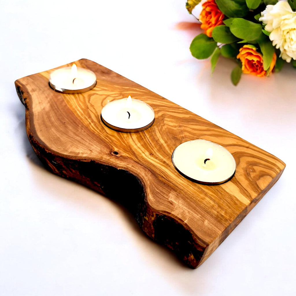 Olive Wood Flat Wooden Tealight Candle Holder