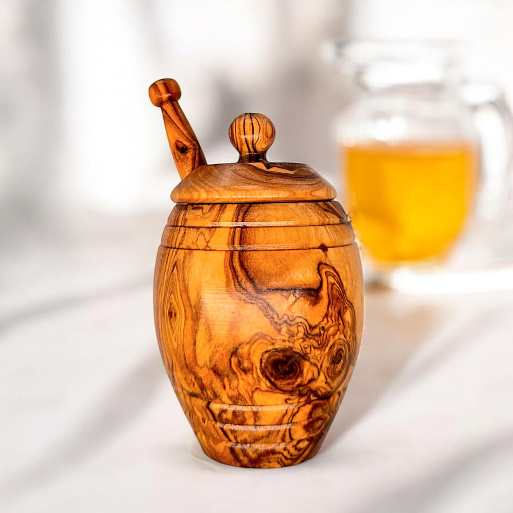 Olive Wood Honey Pot With Lid & Dipper