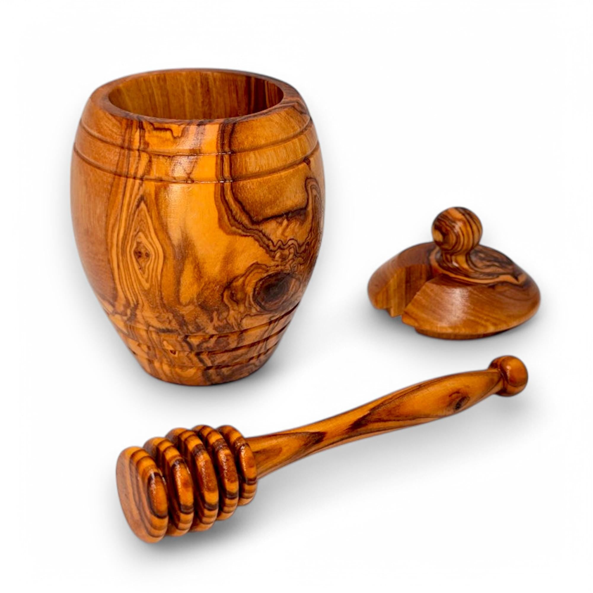 Olive Wood Honey Pot With Lid & Dipper