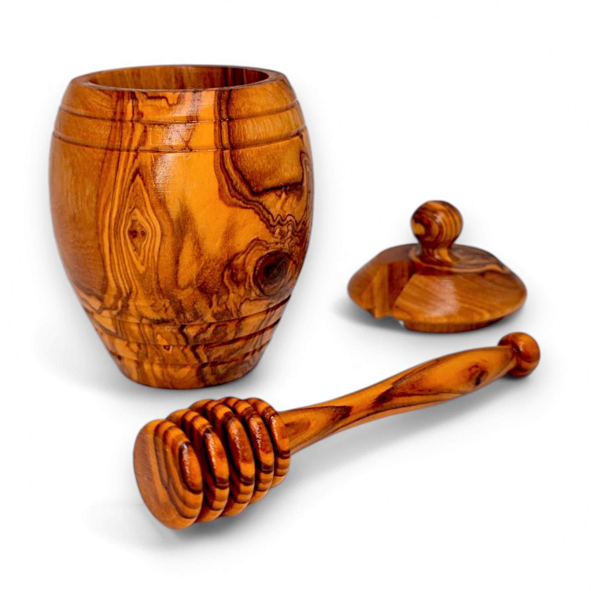 Olive Wood Honey Pot With Lid & Dipper