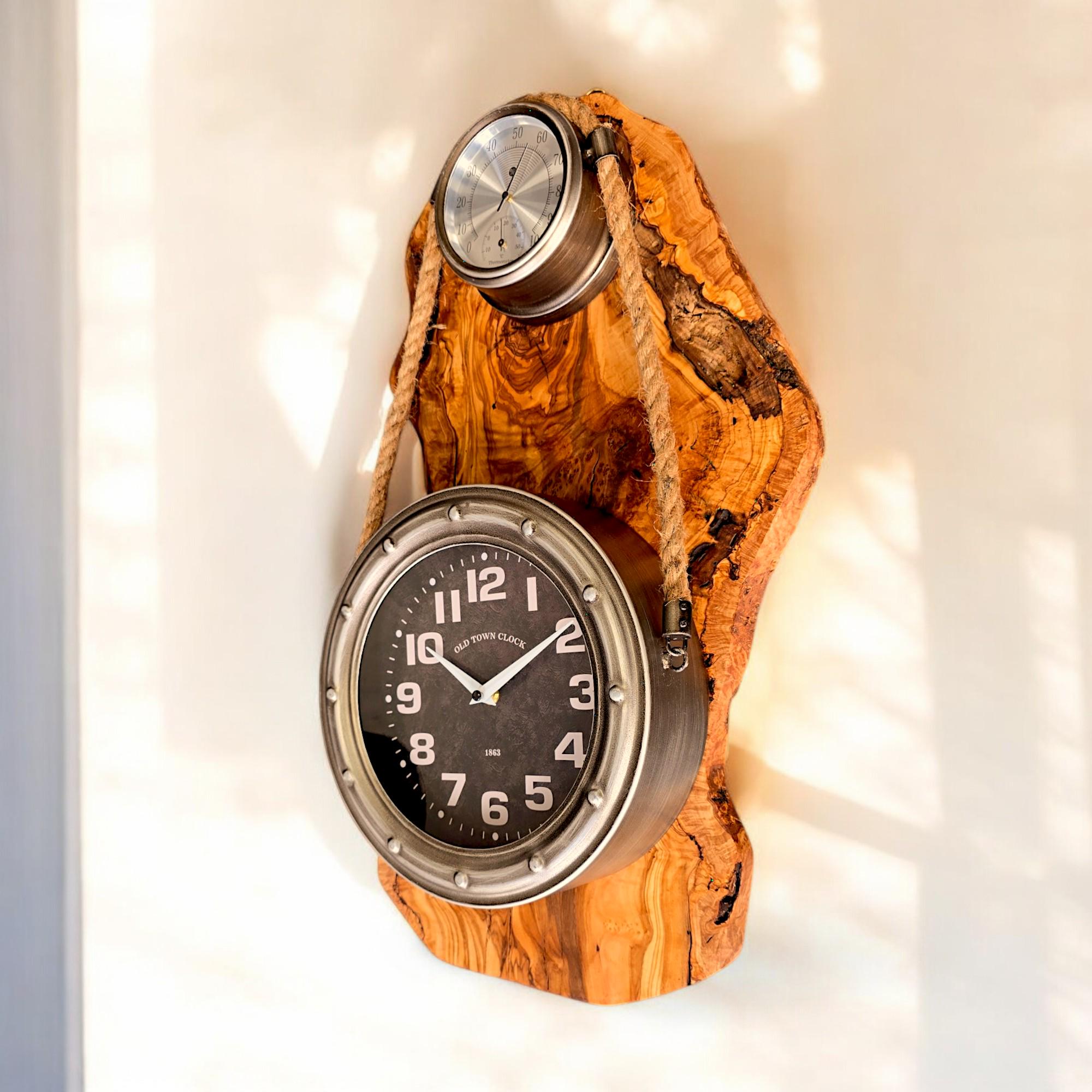 Beautiful stainless finish rope clock with Olive Wood base