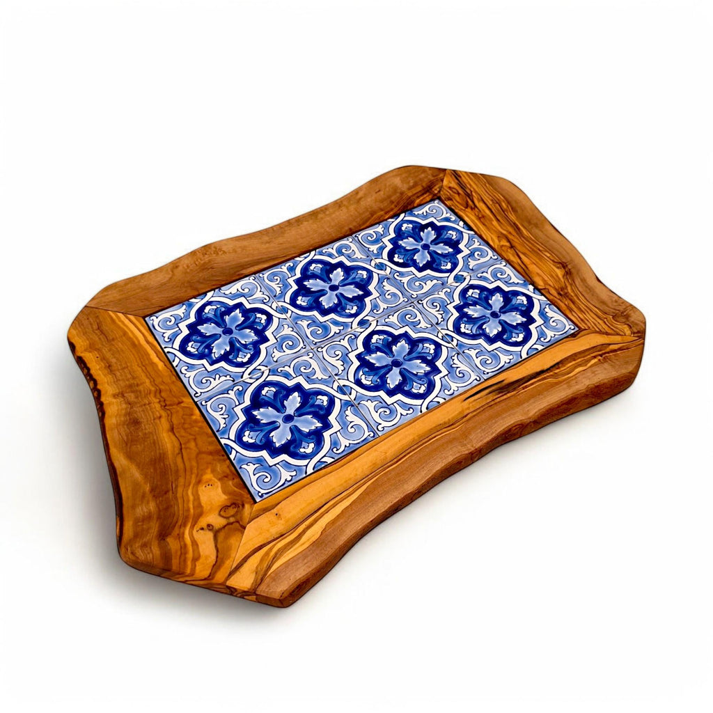 Rustic Olive Wood Ceramic Tray with Handle
