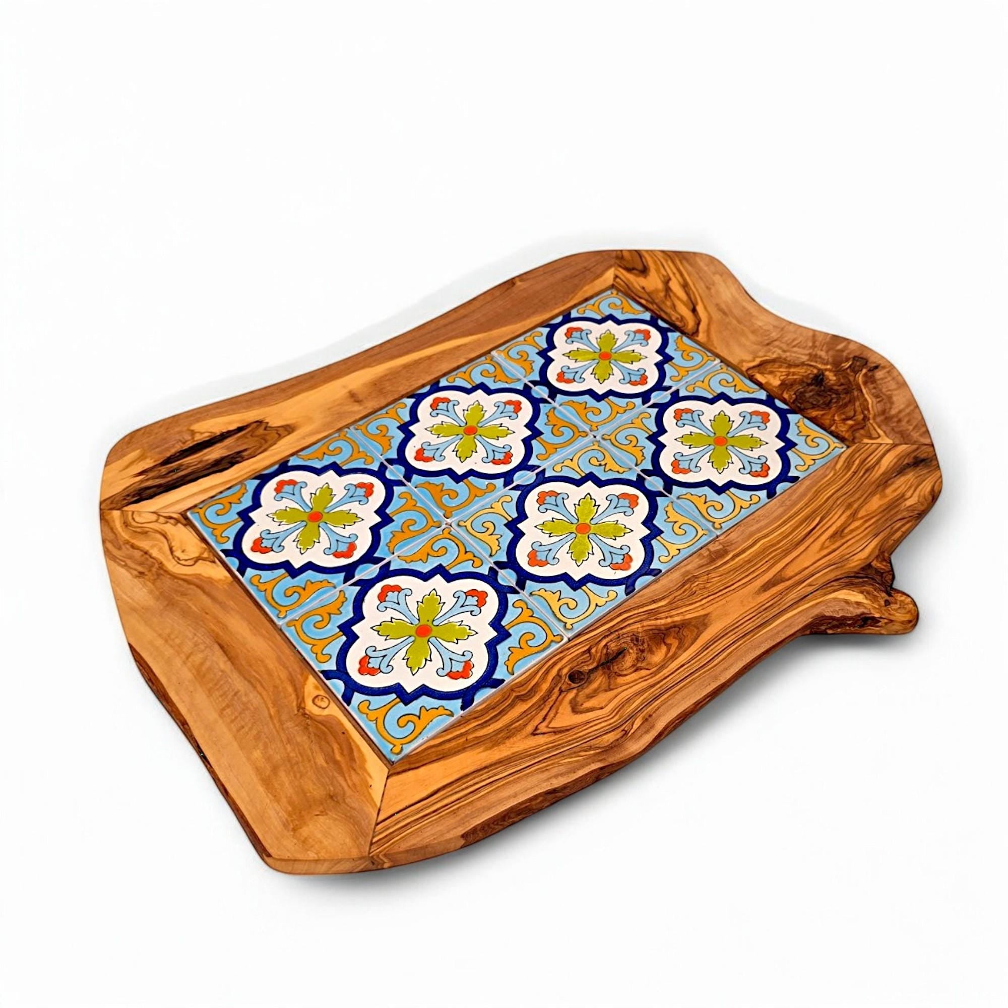 Rustic Olive Wood Ceramic Tray with Handle