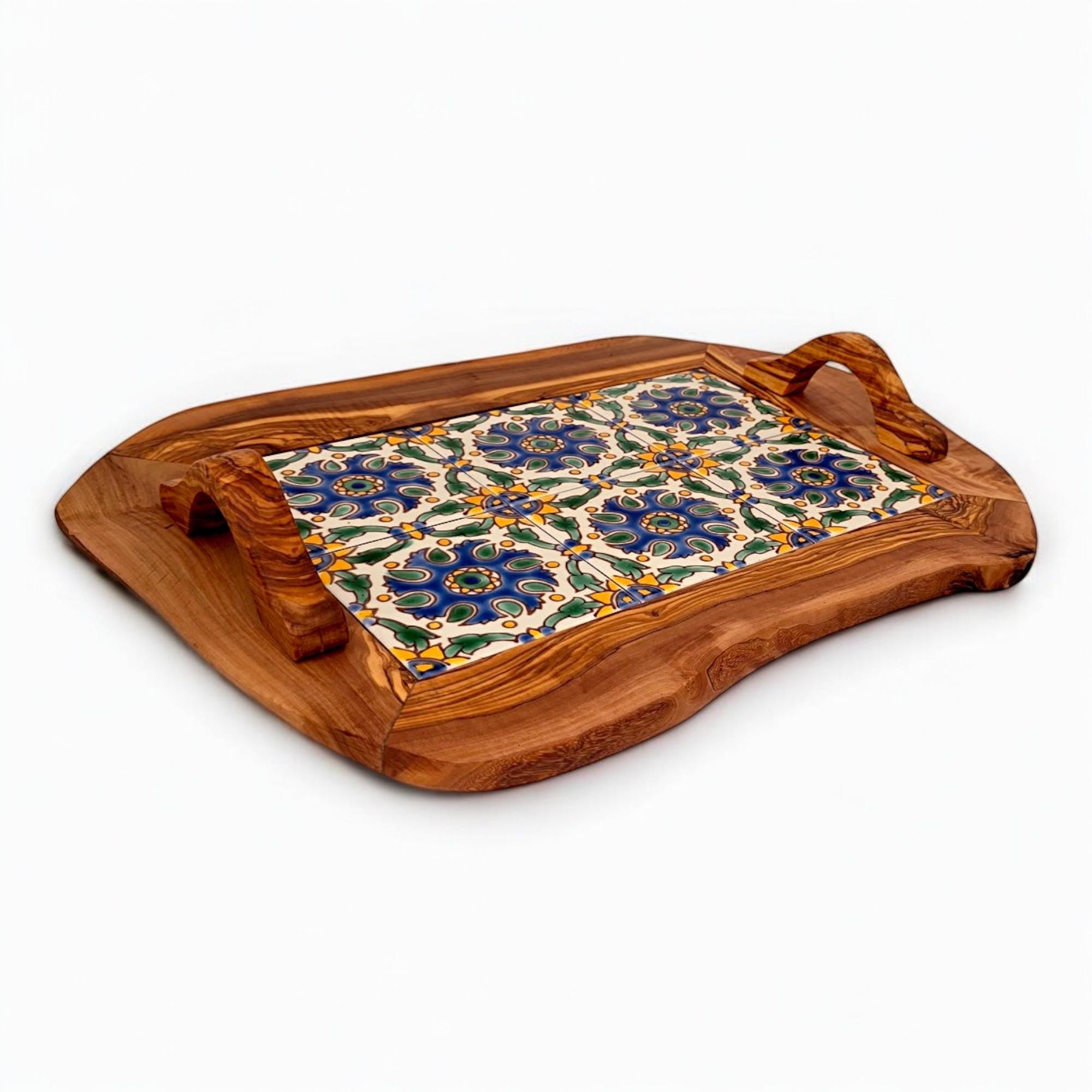 Rustic Olive Wood Ceramic Tray with Handle