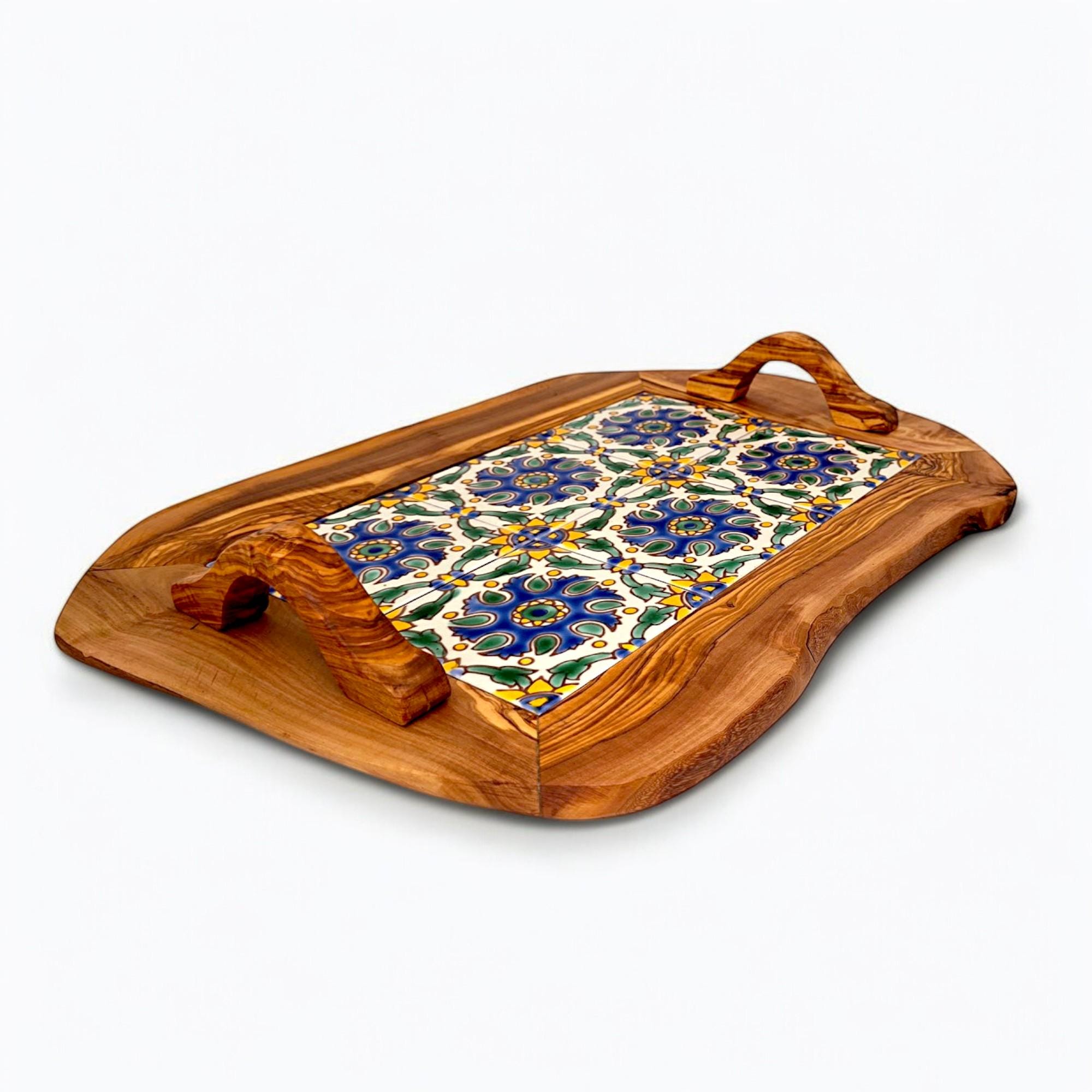 Rustic Olive Wood Ceramic Tray with Handle