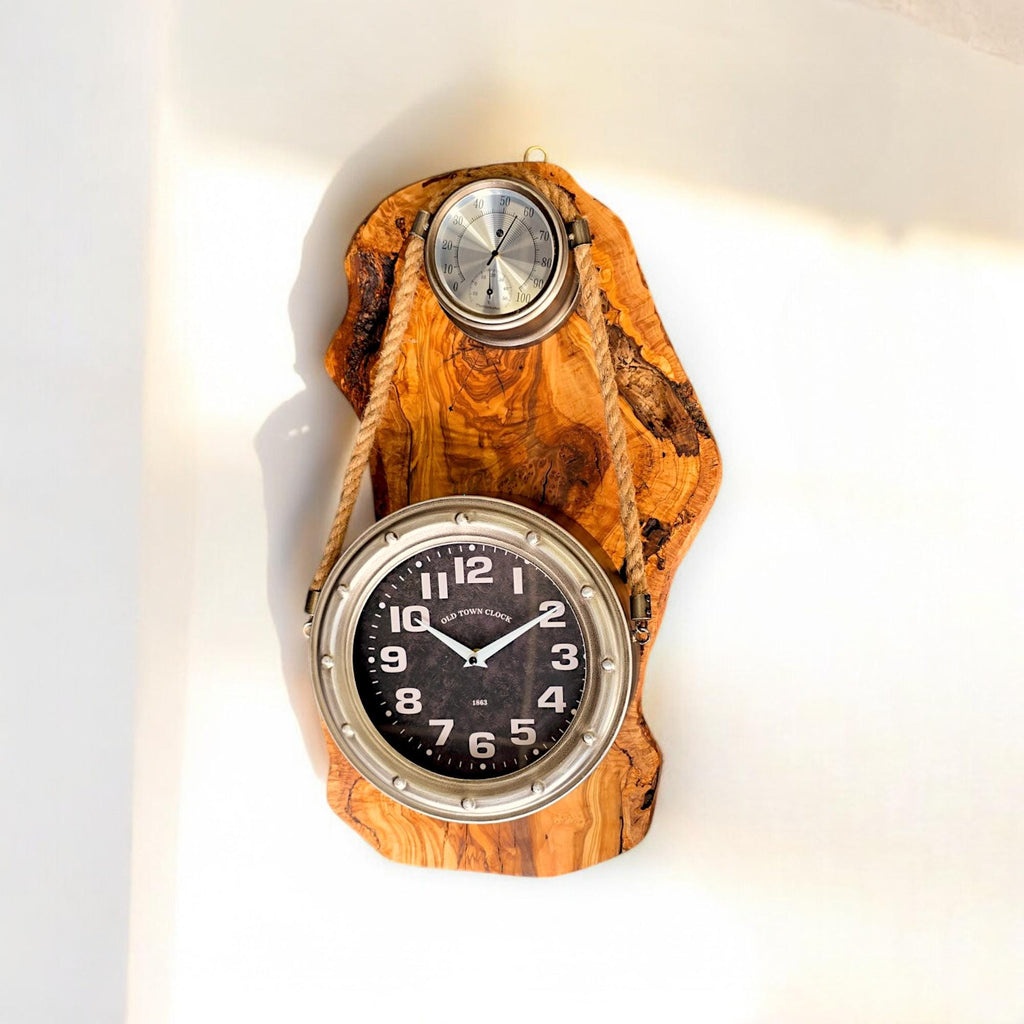 Beautiful stainless finish rope clock with Olive Wood base