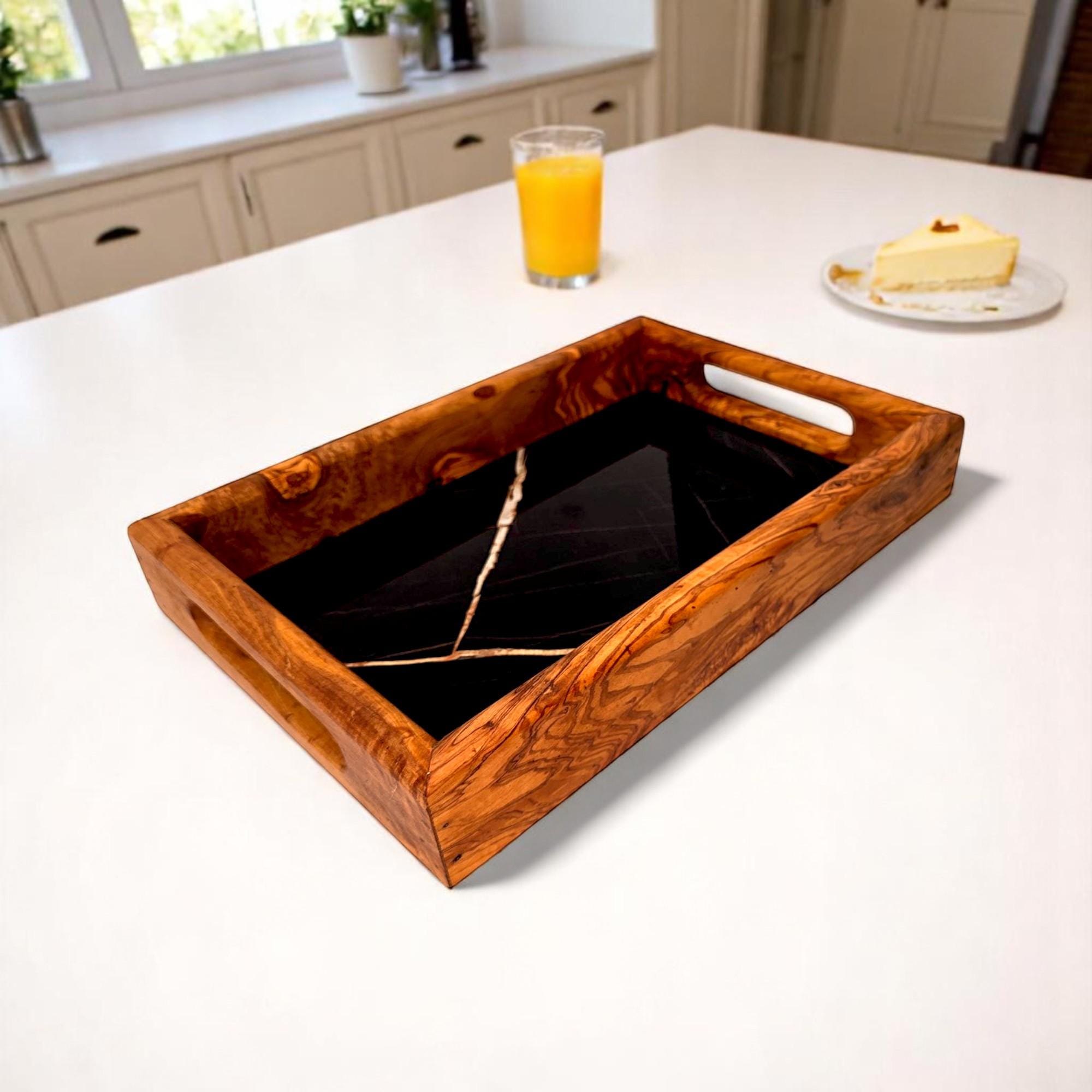 Rectangular Olive Wood Ceramic Tray with Handle