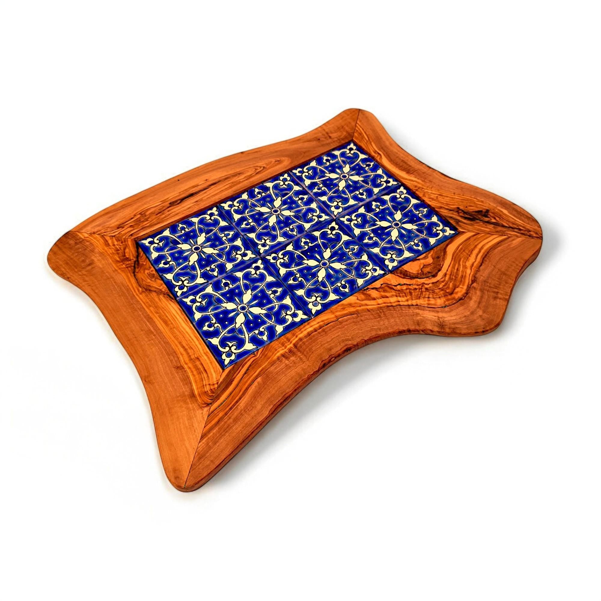 Rustic Olive Wood Ceramic Tray with Handle