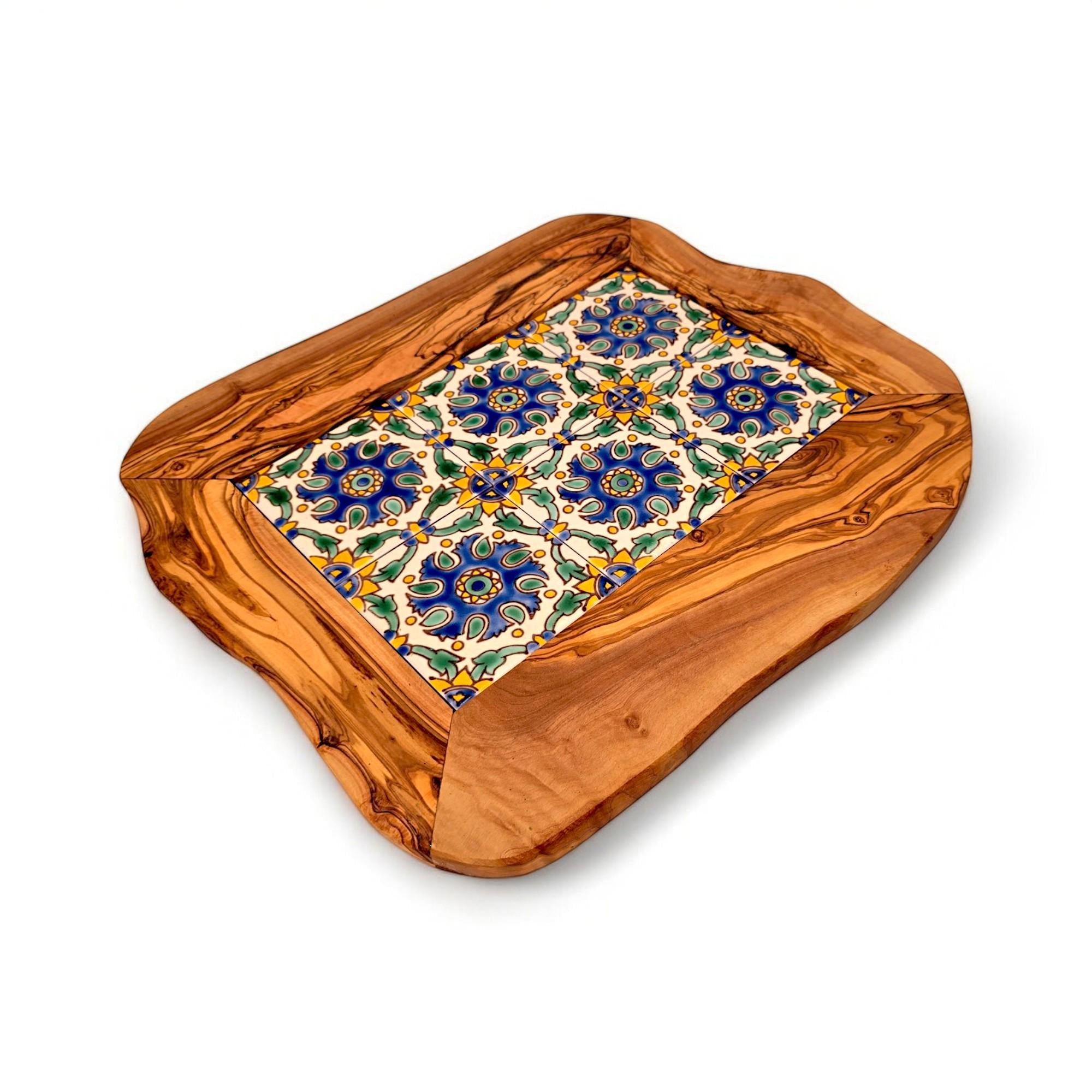 Rustic Olive Wood Ceramic Tray with Handle