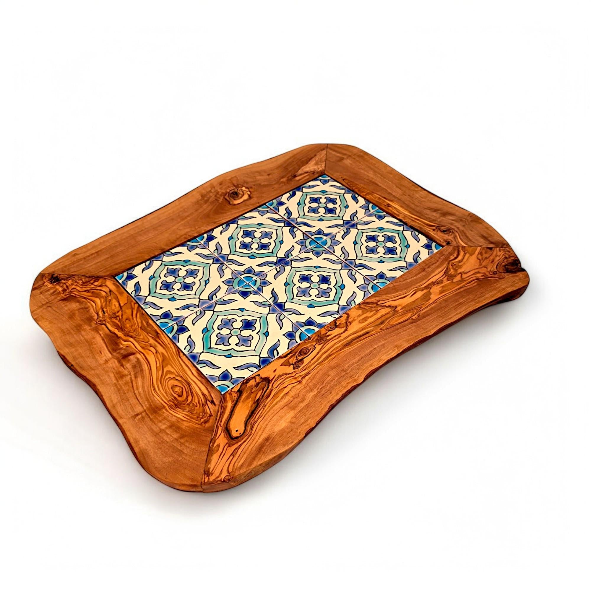 Rustic Olive Wood Ceramic Tray with Handle