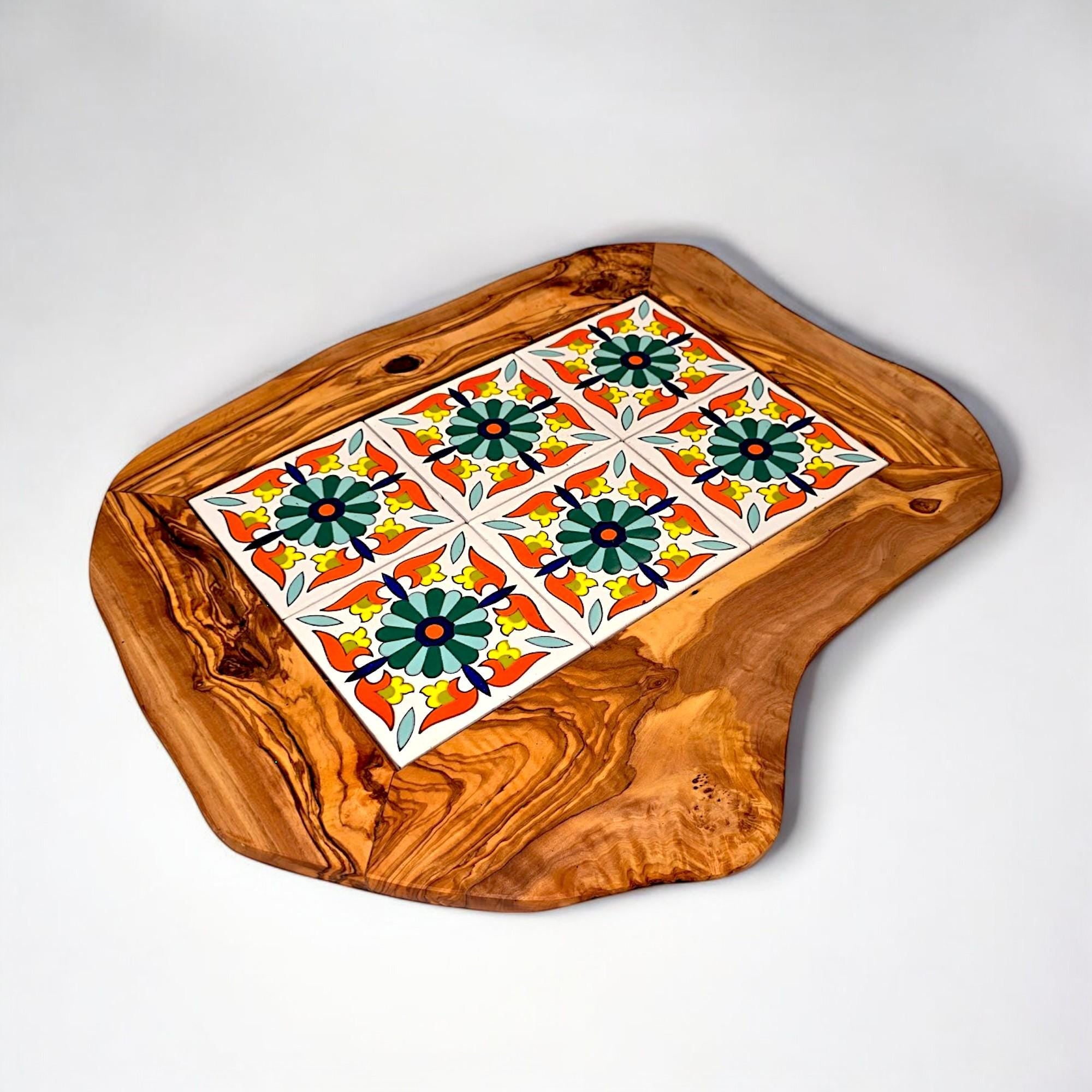 Rustic Olive Wood Ceramic Tray with Handle