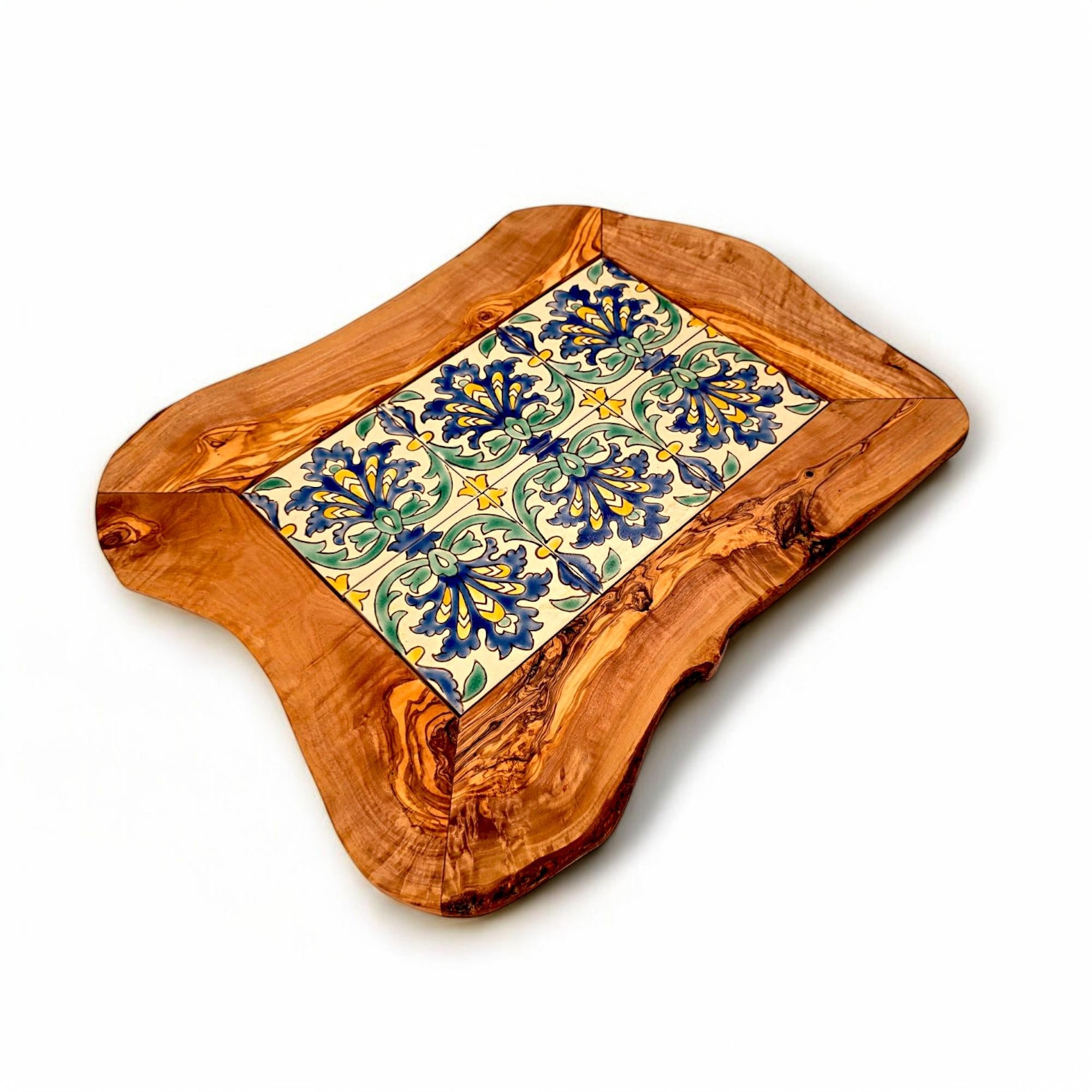 Rustic Olive Wood Ceramic Tray with Handle