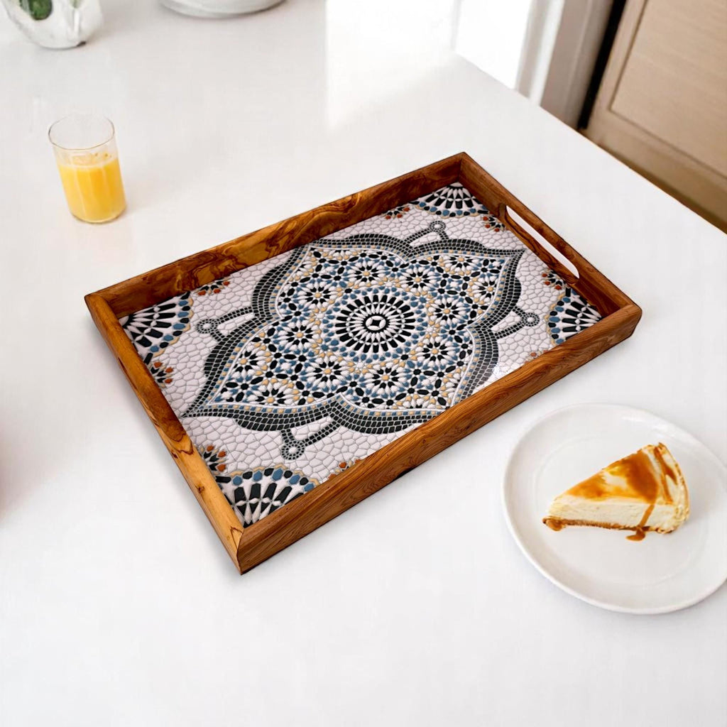 Rectangular Olive Wood Ceramic Tray with Handle