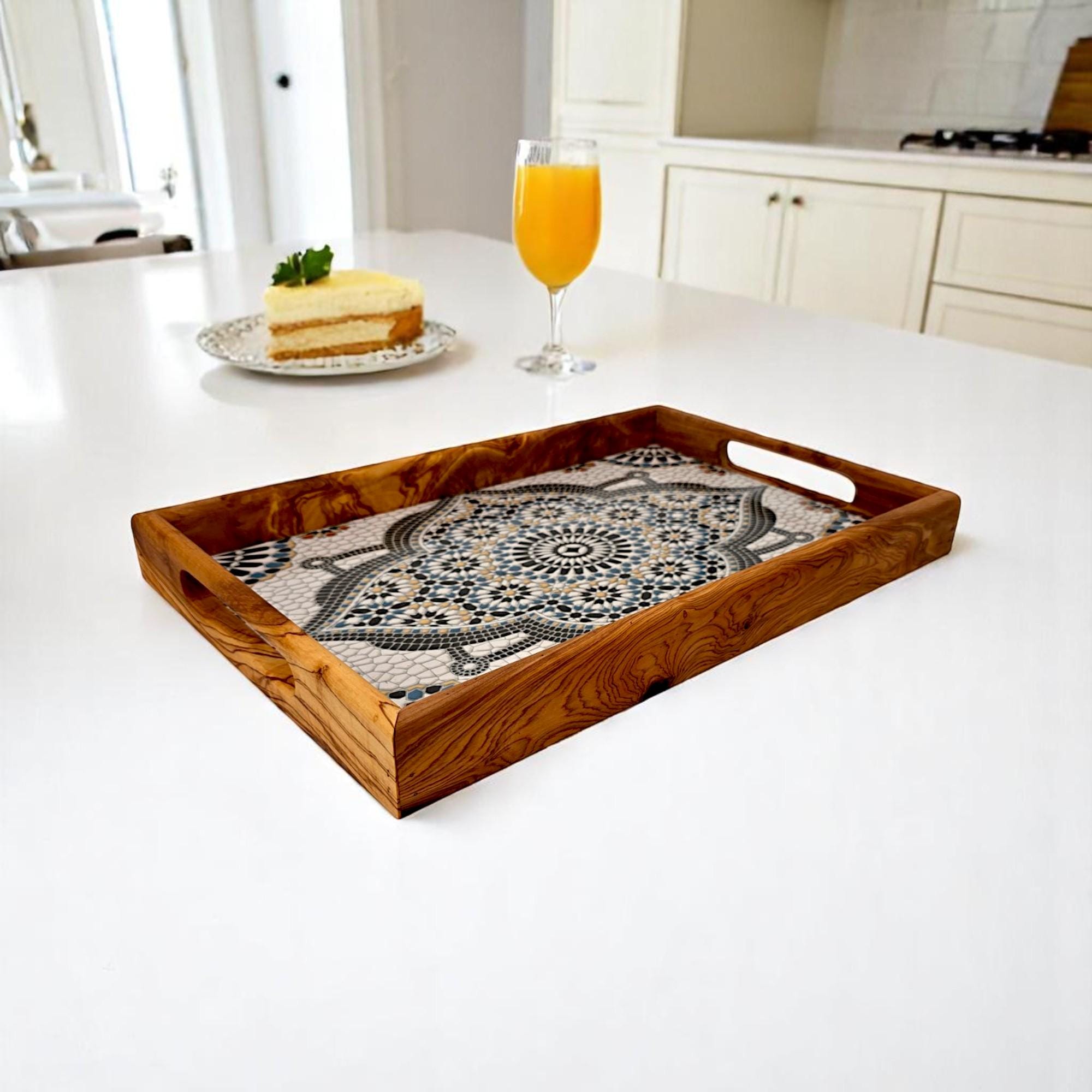 Rectangular Olive Wood Ceramic Tray with Handle