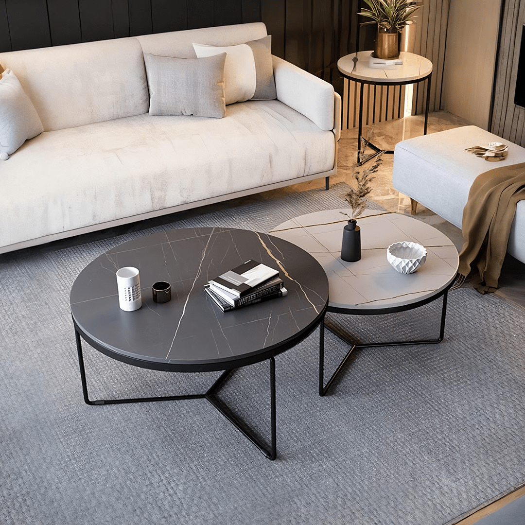 Iver Stone Round Nesting Coffee Table Set, Black & White - Miola