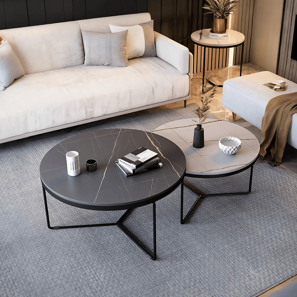 Iver Stone Round Nesting Coffee Table Set, Black & White - Miola