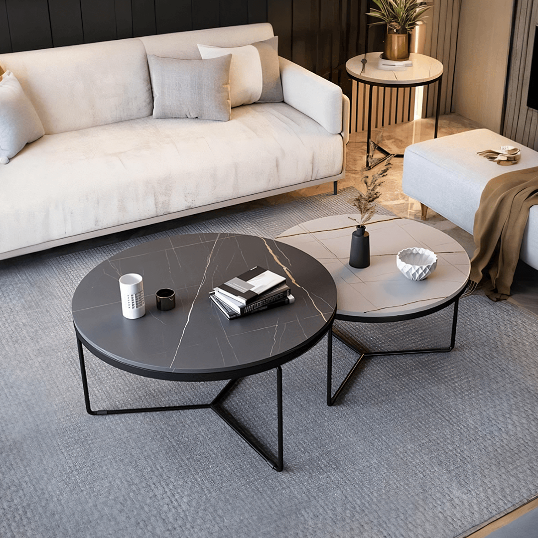 Iver Stone Round Nesting Coffee Table Set, Black & White - Miola