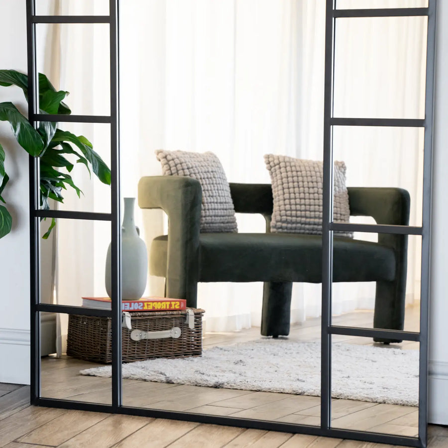Full Length Black Metal Arched Window Mirror