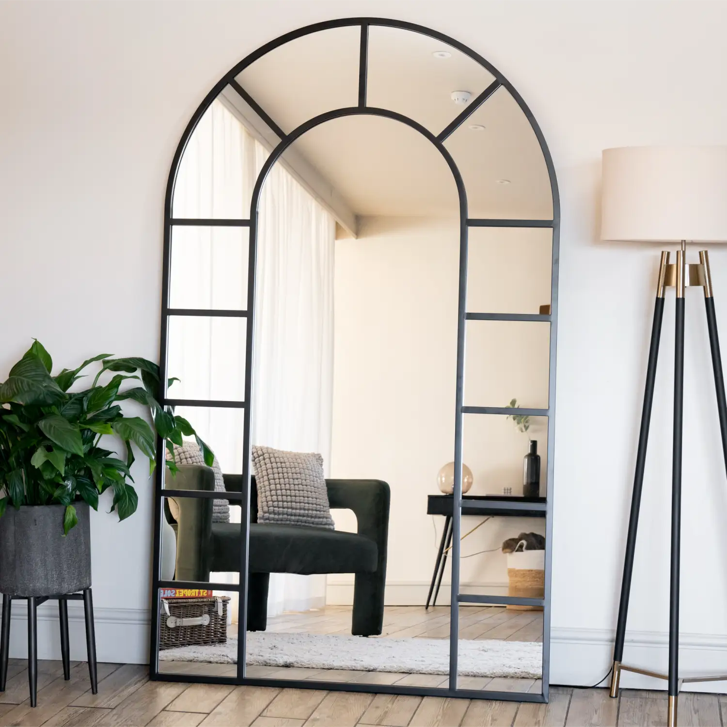 Full Length Black Metal Arched Window Mirror