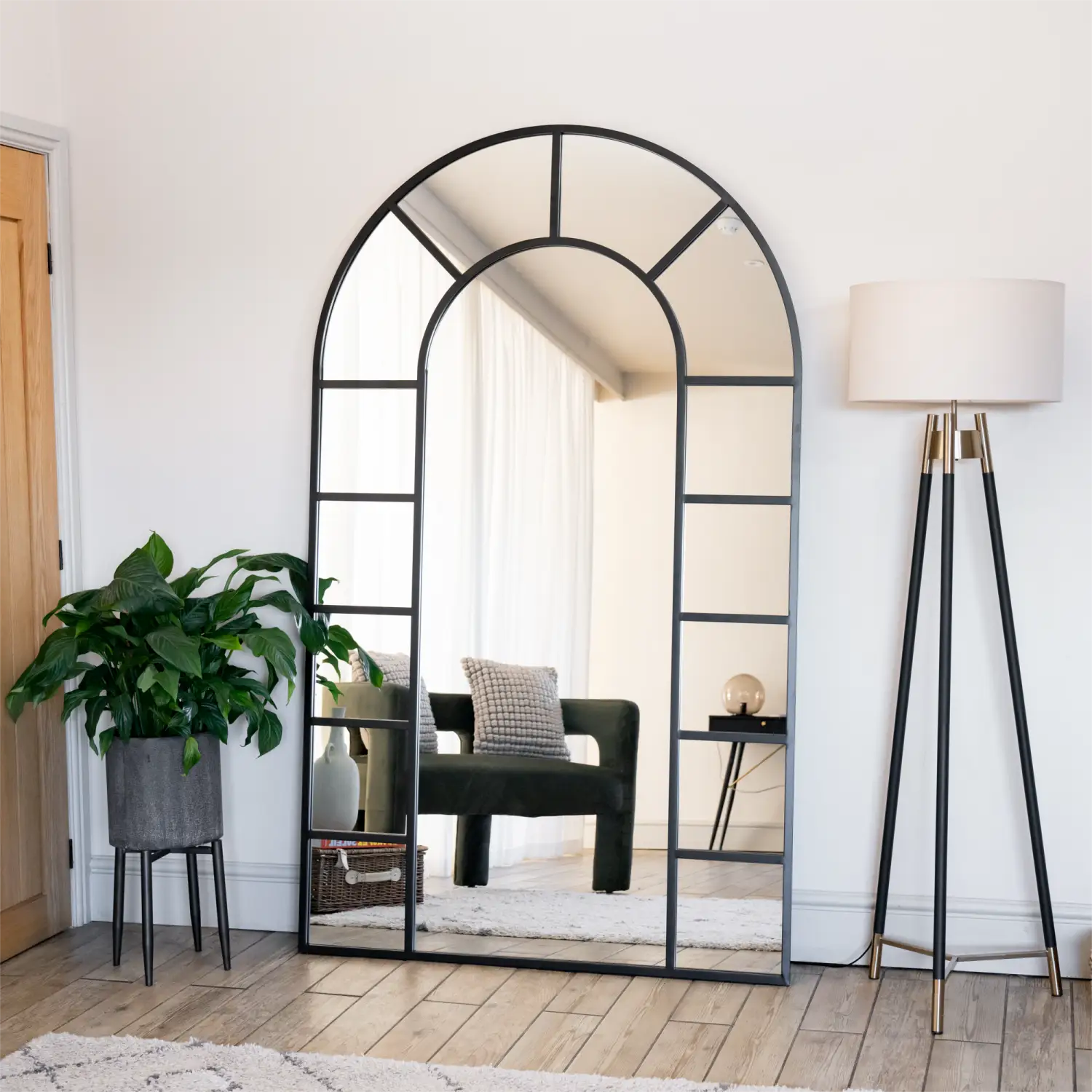 Full Length Black Metal Arched Window Mirror