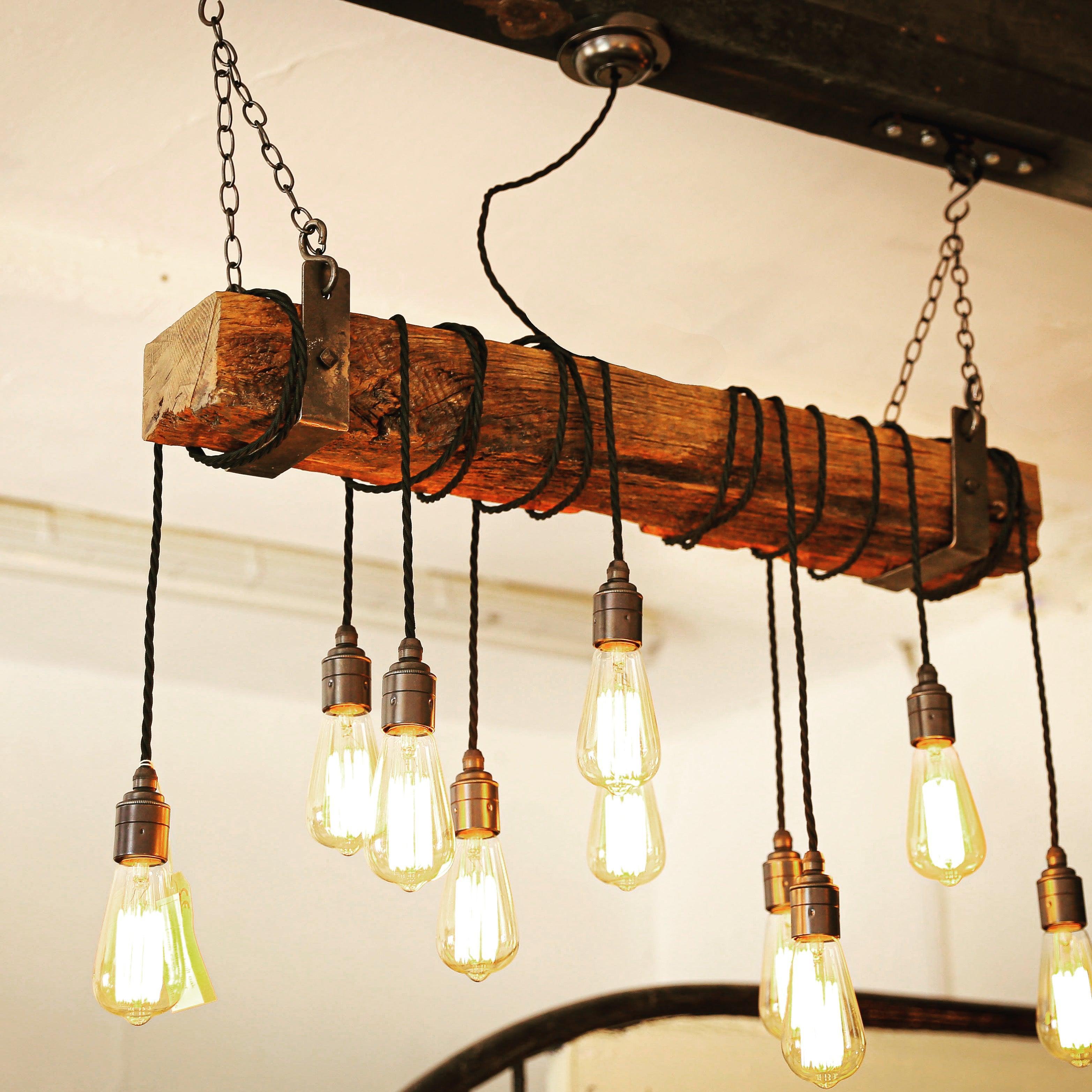 Rustic Oak Beam Chandelier with Wrapped Cables and Steel Brackets - Miola