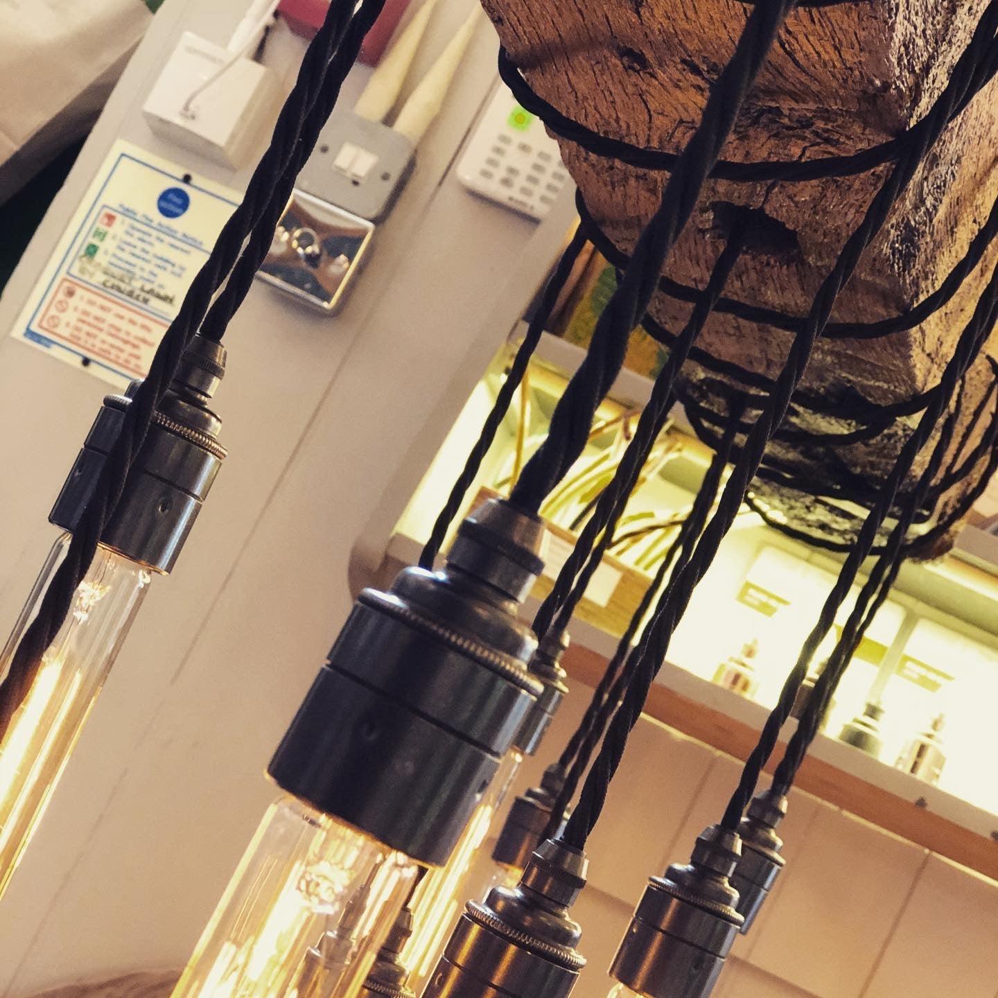 Rustic Oak Beam Chandelier with Wrapped Cables and Steel Brackets - Miola