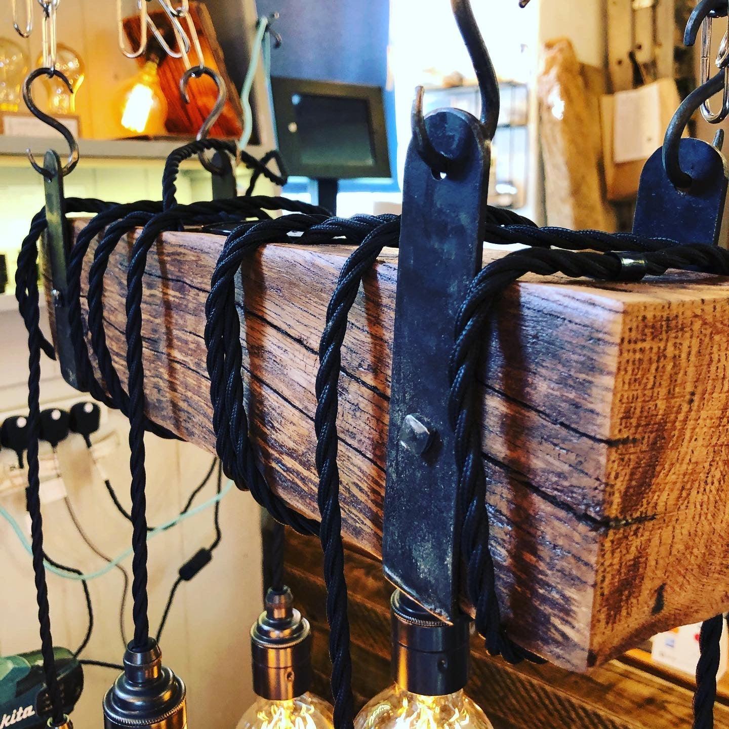 Rustic Oak Beam Chandelier with Wrapped Cables and Steel Brackets - Miola