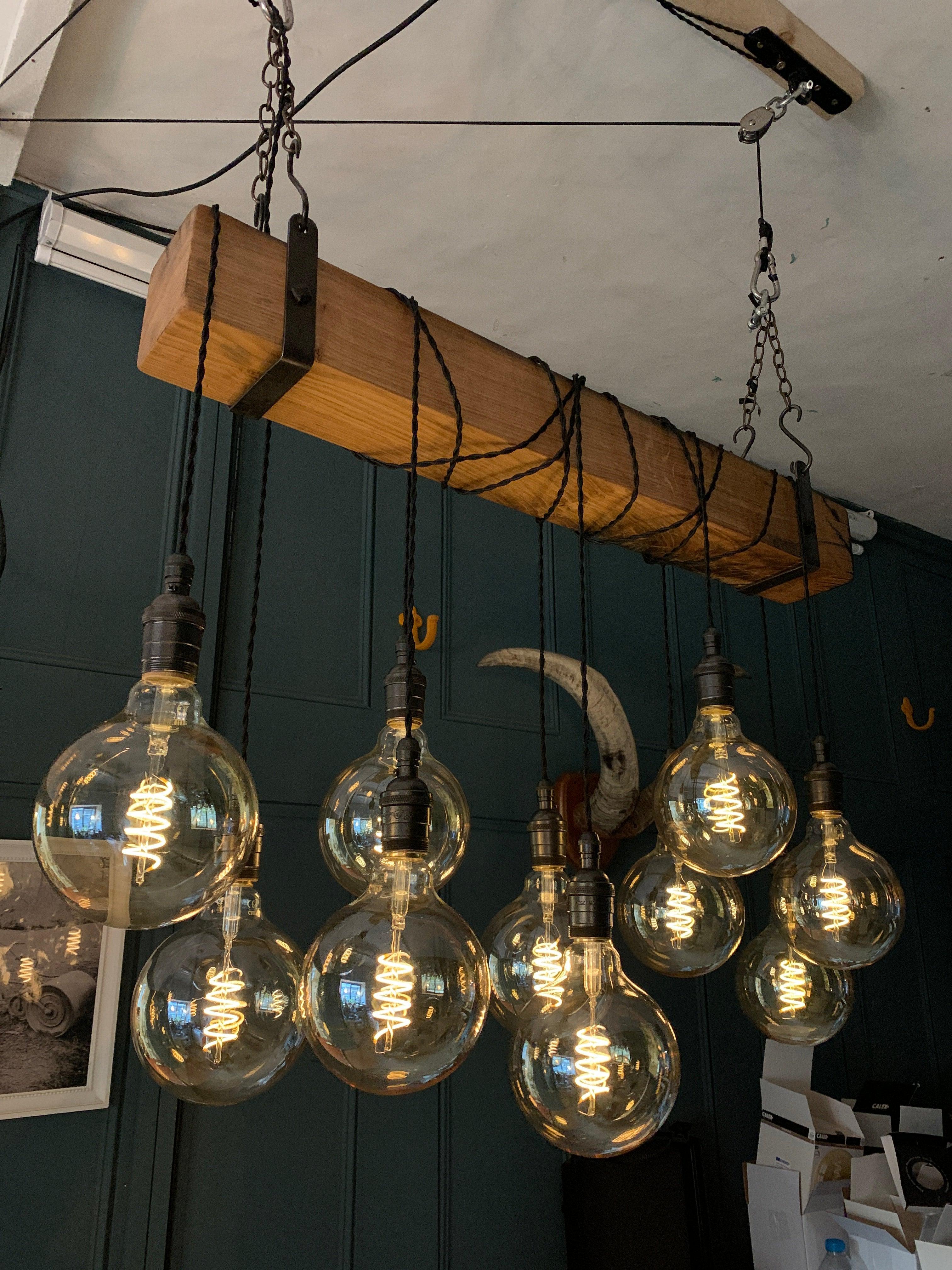Rustic Oak Beam Chandelier with Wrapped Cables and Steel Brackets - Miola