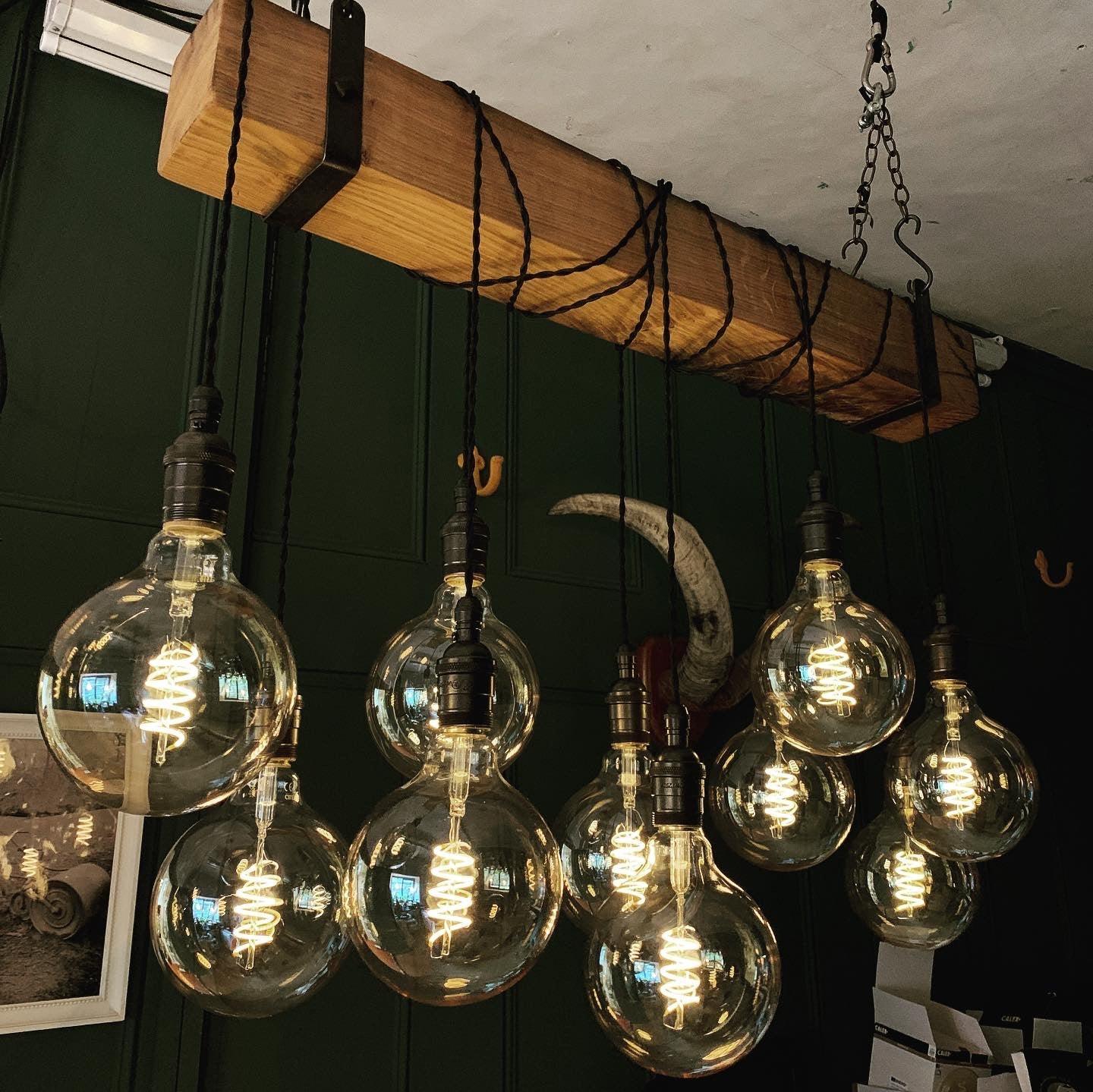 Rustic Oak Beam Chandelier with Wrapped Cables and Steel Brackets - Miola