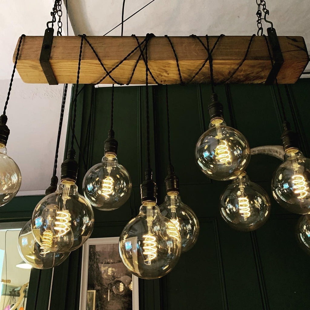 Rustic Oak Beam Chandelier with Wrapped Cables and Steel Brackets - Miola
