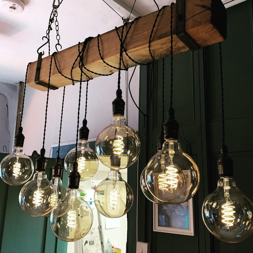 Rustic Oak Beam Chandelier with Wrapped Cables and Steel Brackets - Miola