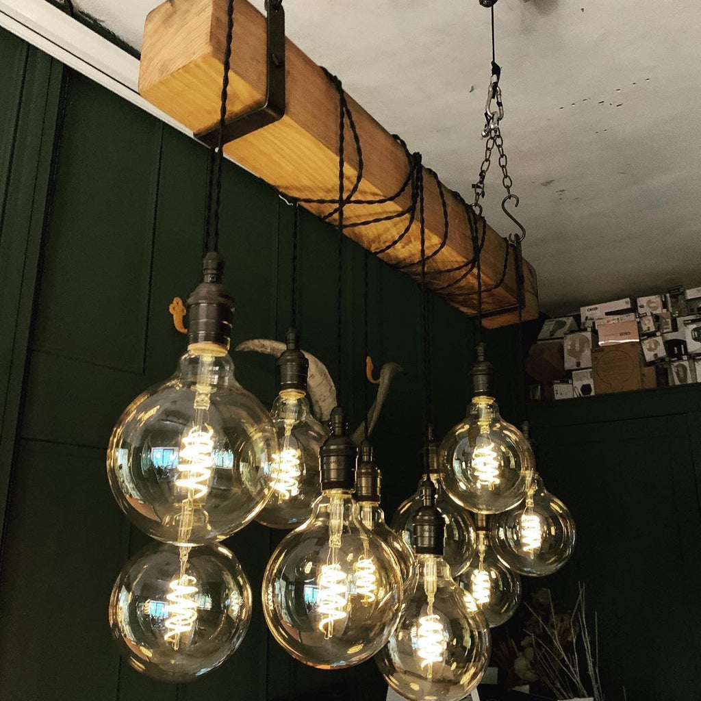 Rustic Oak Beam Chandelier with Wrapped Cables and Steel Brackets - Miola