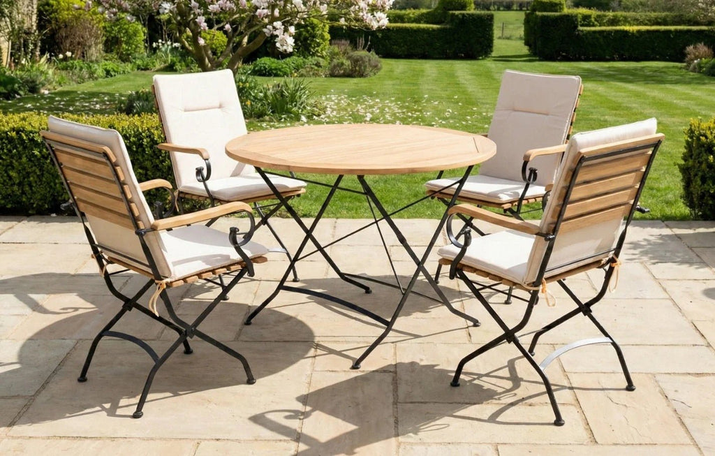 Sicily 4 Seater Teak and Wrought Iron Round 110cm Garden Dining Set - Miola