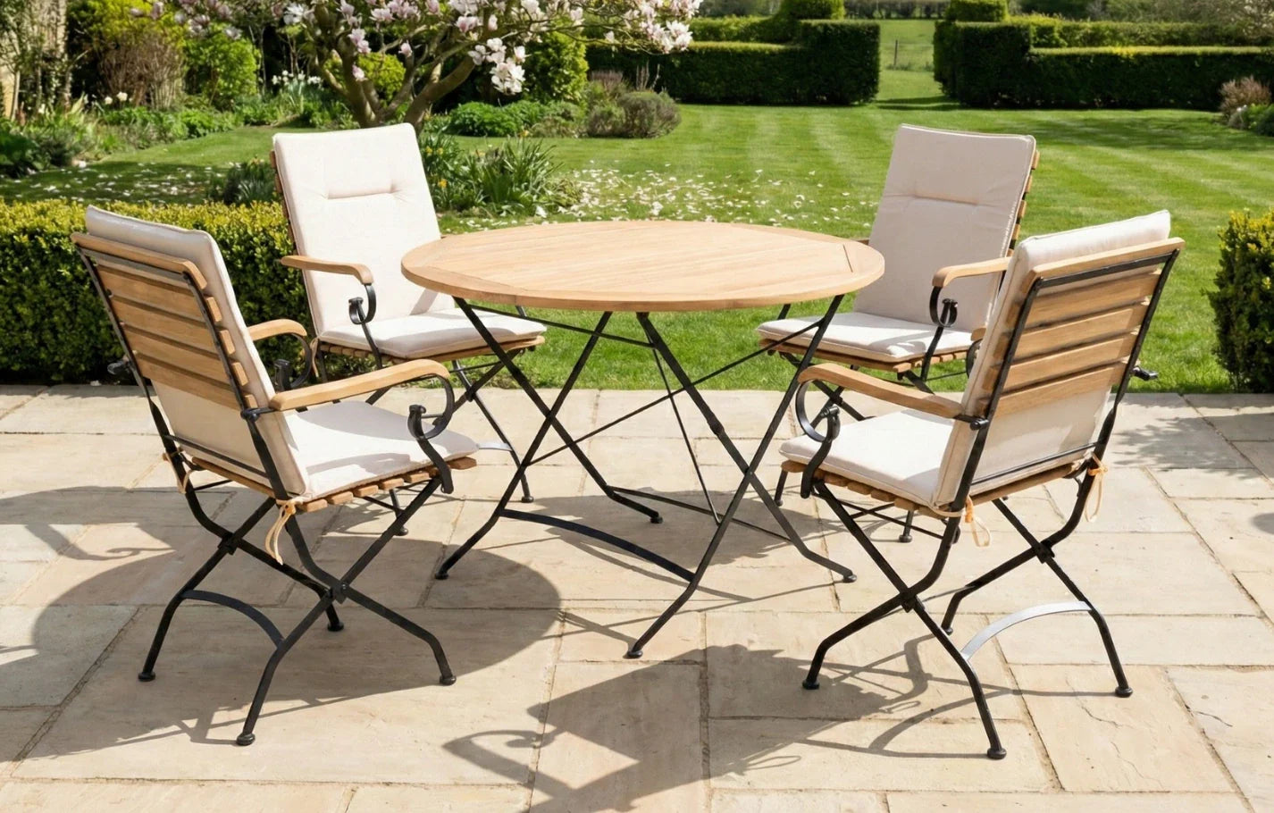 Sicily 4 Seater Teak and Wrought Iron Round 110cm Garden Dining Set