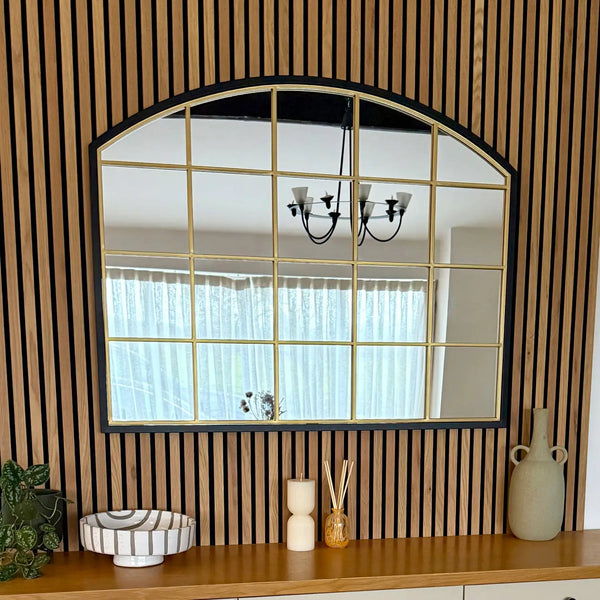 Black & Gold Metal Arched Lattice Window Mirror - Miola