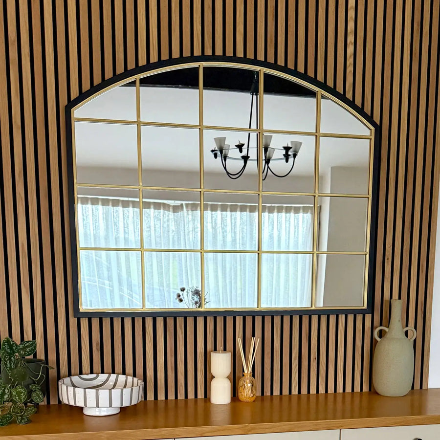 Black & Gold Metal Arched Lattice Window Mirror