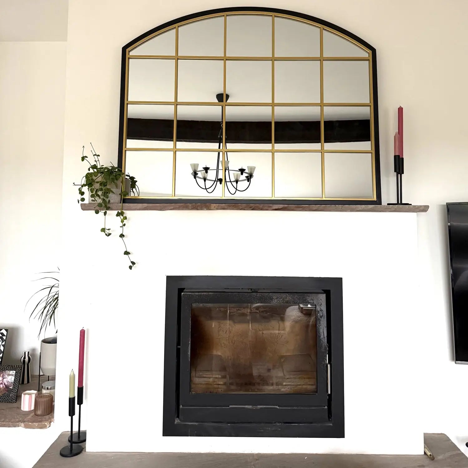 Black & Gold Metal Arched Lattice Window Mirror