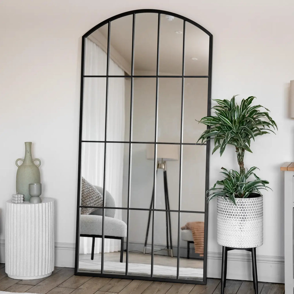 Black Metal Arched Lattice Window Mirror