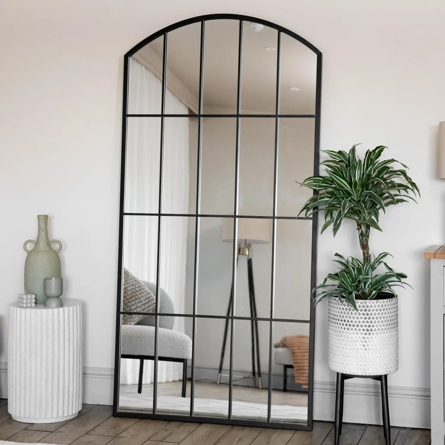 Black Metal Arched Lattice Window Mirror