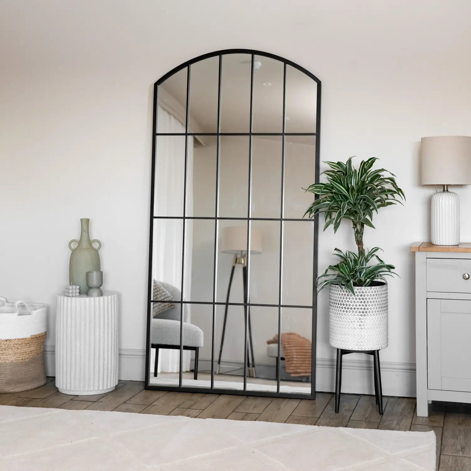 Black Metal Arched Lattice Window Mirror
