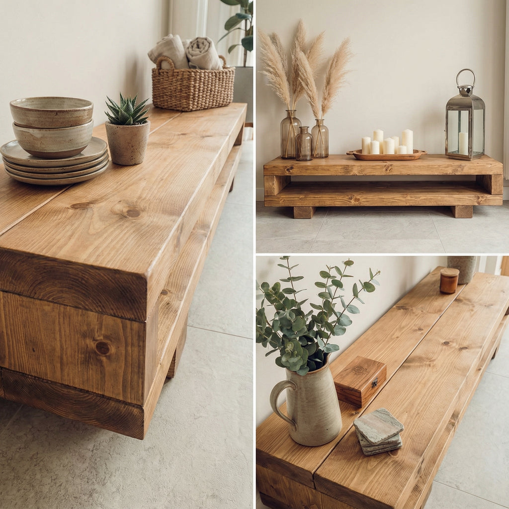 VIOT Low Solid Wood Chunky TV Unit Dark Oak Colour