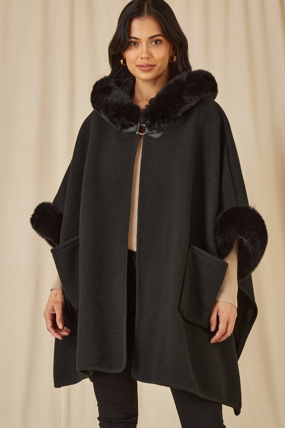 Black Cape With Luxe Fur Trim And Lining