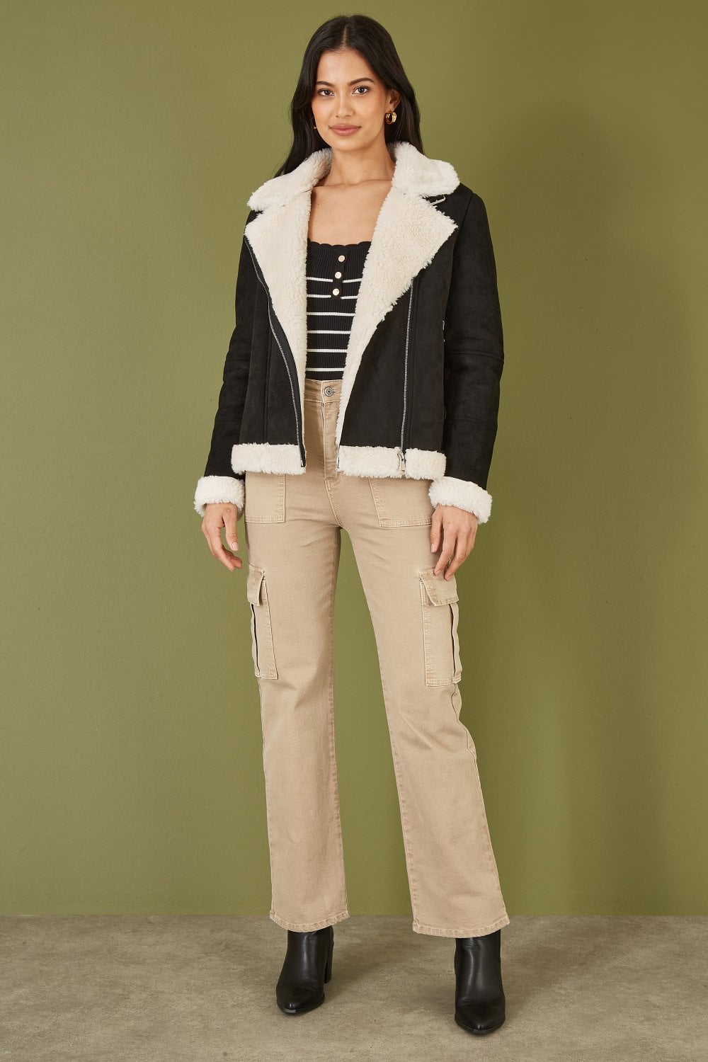 Black Faux Suede And ShearlingBiker Jacket