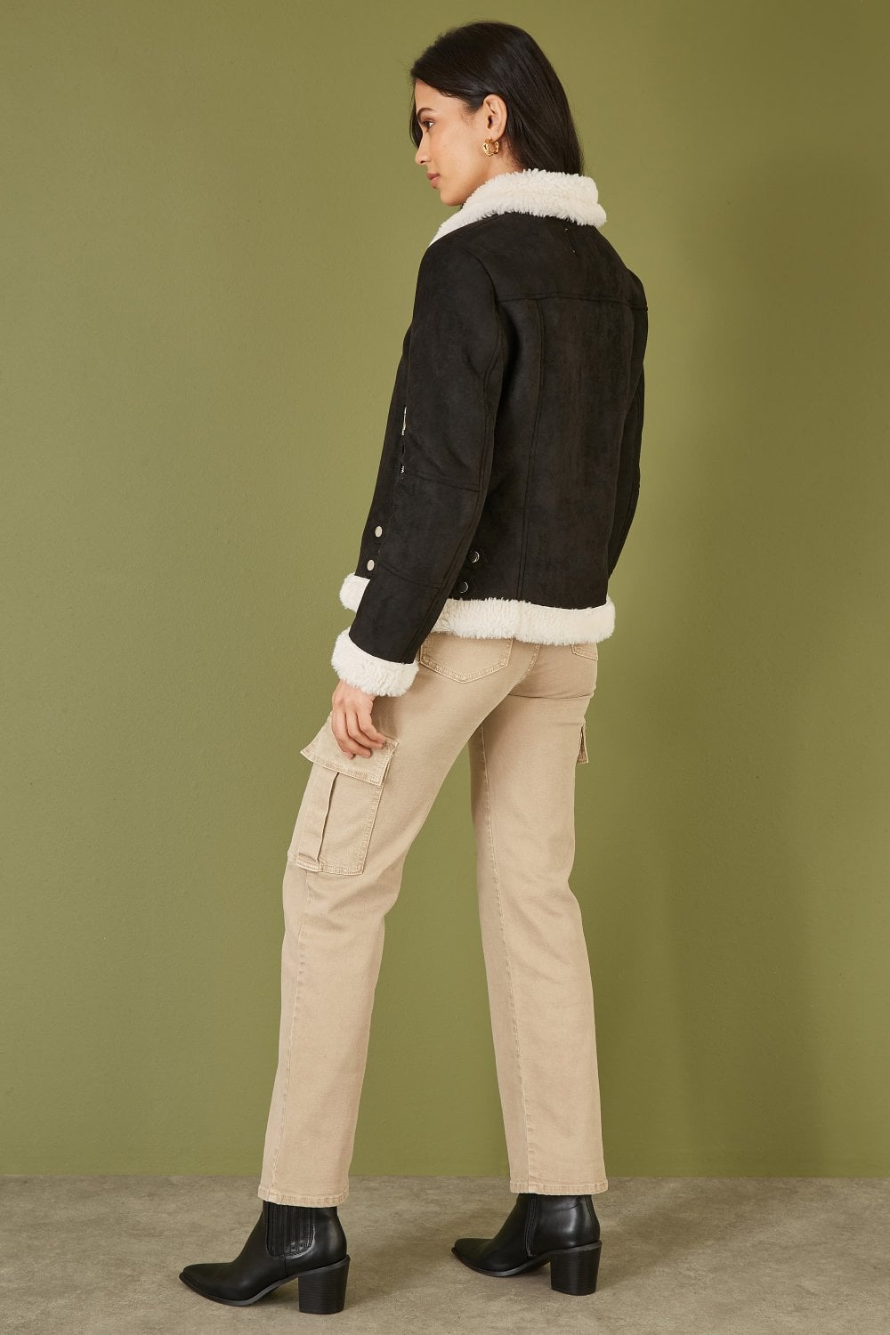 Black Faux Suede And ShearlingBiker Jacket