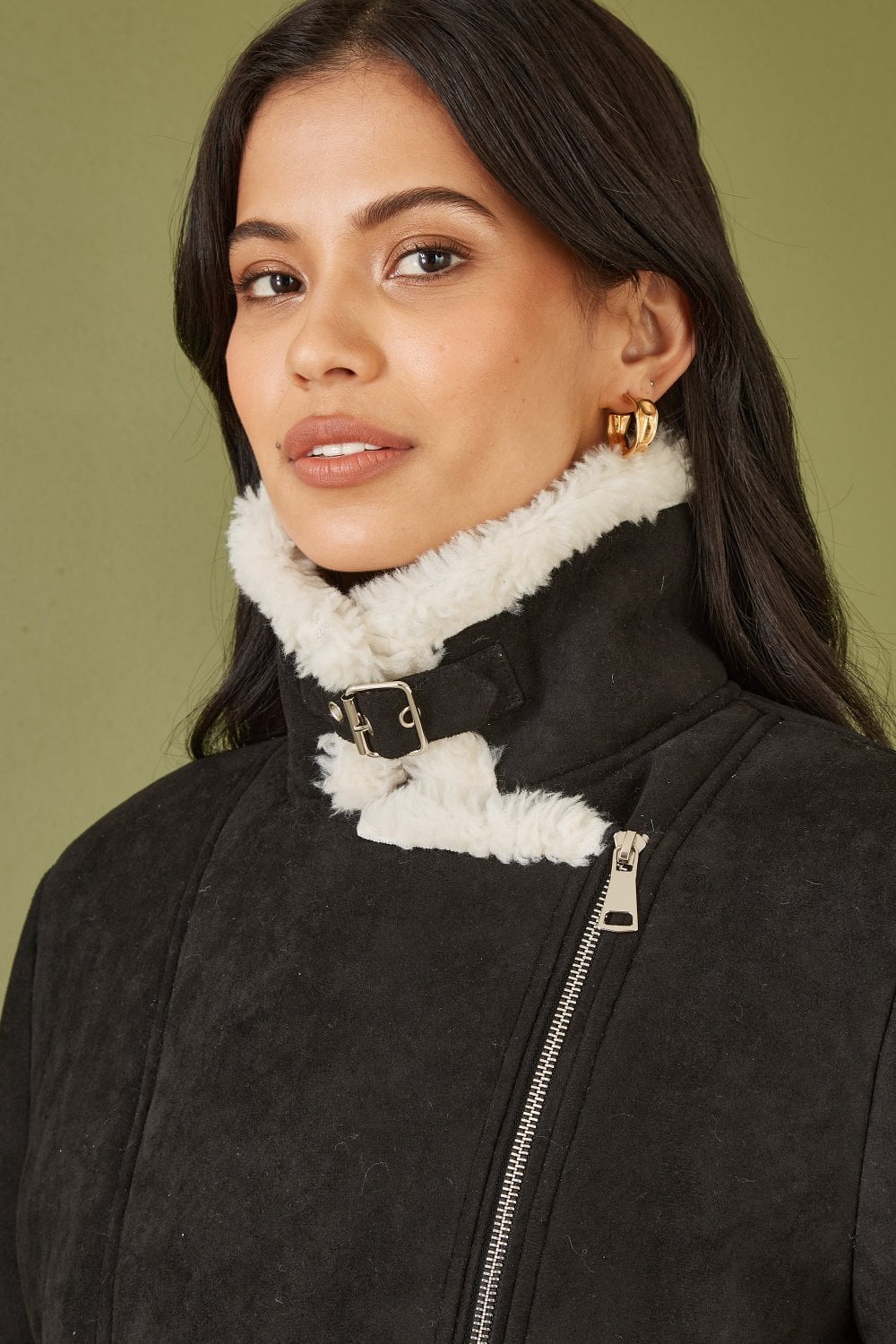 Black Faux Suede And ShearlingBiker Jacket